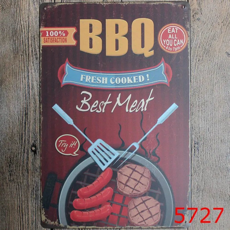 Vintage tin painting with barbecue, hamburger and beer retro artwork on iron metal