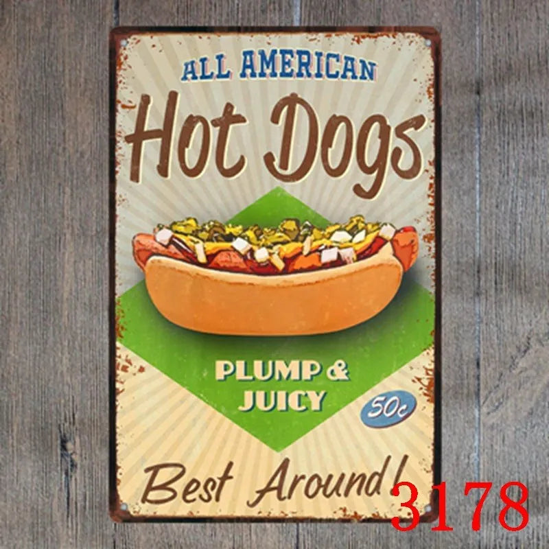 Vintage tin painting with barbecue, hamburger and beer retro artwork on iron metal