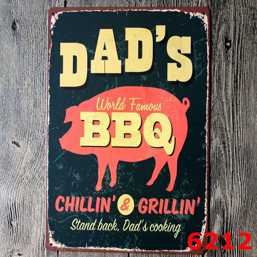 Vintage tin painting with barbecue, hamburger and beer retro artwork on iron metal