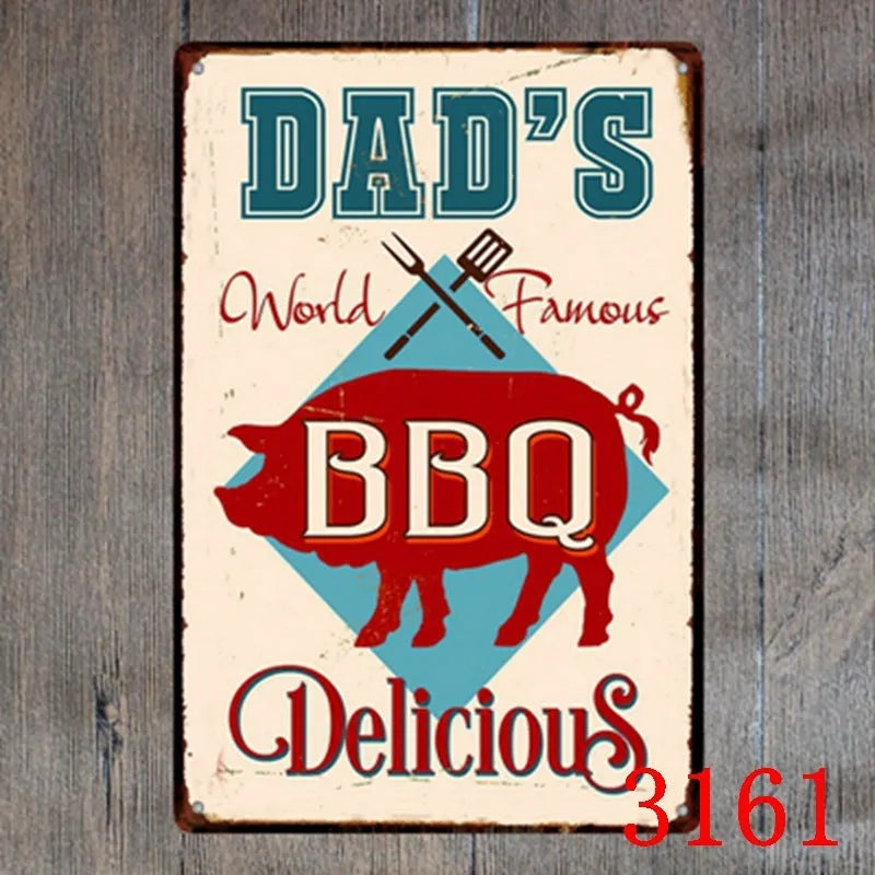 Vintage tin painting with barbecue, hamburger and beer retro artwork on iron metal