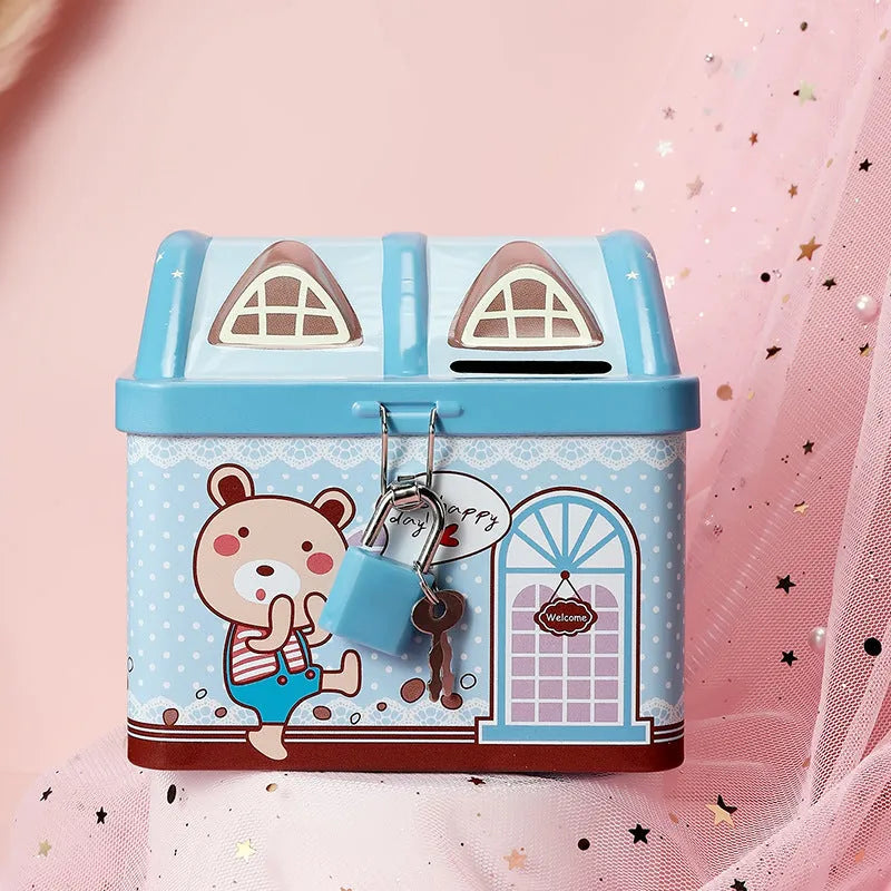 Blue house-shaped tinplate piggy bank for desktop coin storage with round design