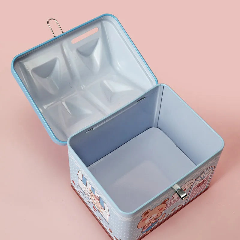 Blue house-shaped tinplate piggy bank for desktop coin storage with round design