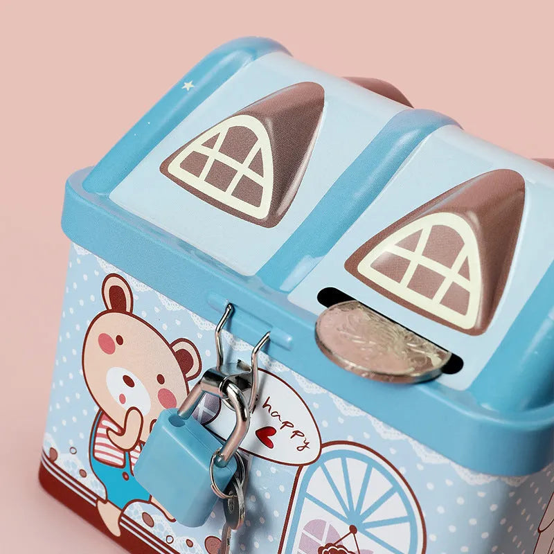 Blue house-shaped tinplate piggy bank for desktop coin storage with round design