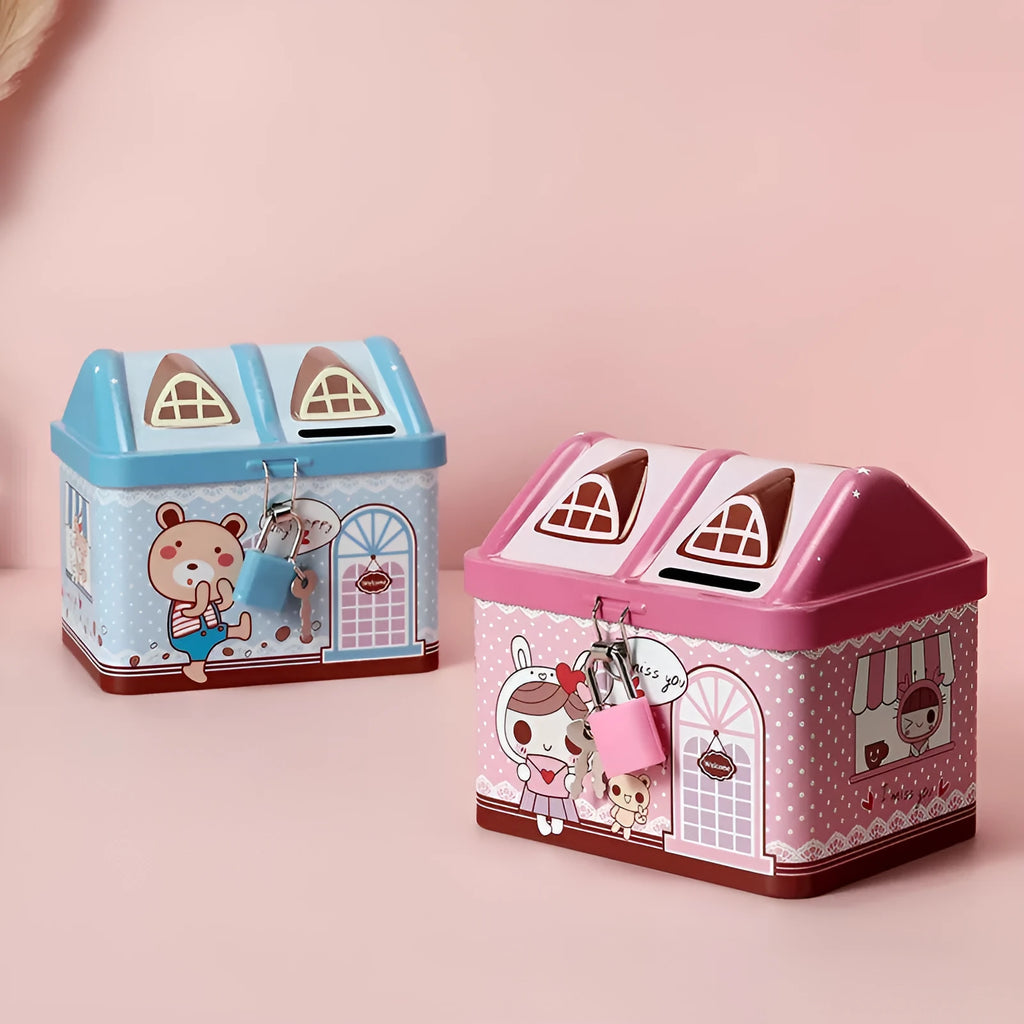 Blue house-shaped tinplate piggy bank for desktop coin storage with round design