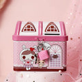 Blue house-shaped tinplate piggy bank for desktop coin storage with round design