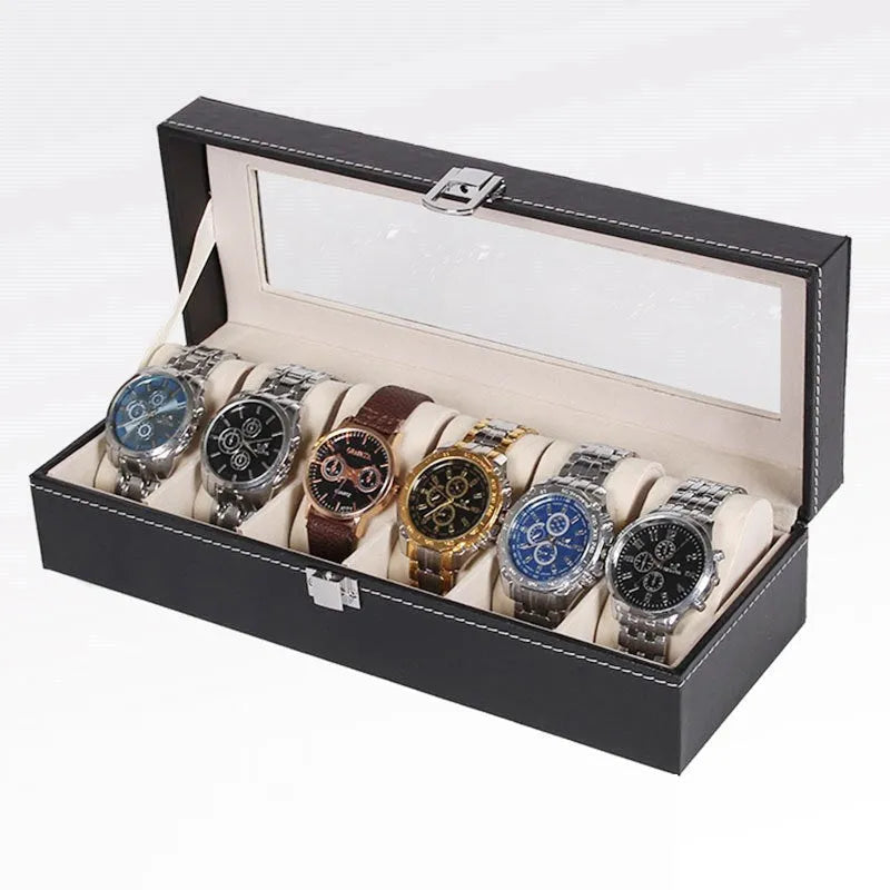 Black wooden watch jewellery box with six display windows for watch storage organisation