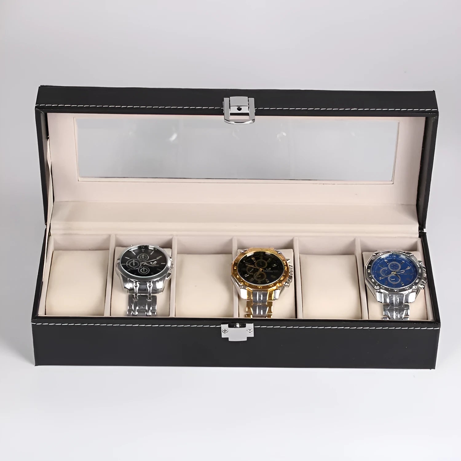 Black wooden watch jewellery box with six display windows for watch storage organisation