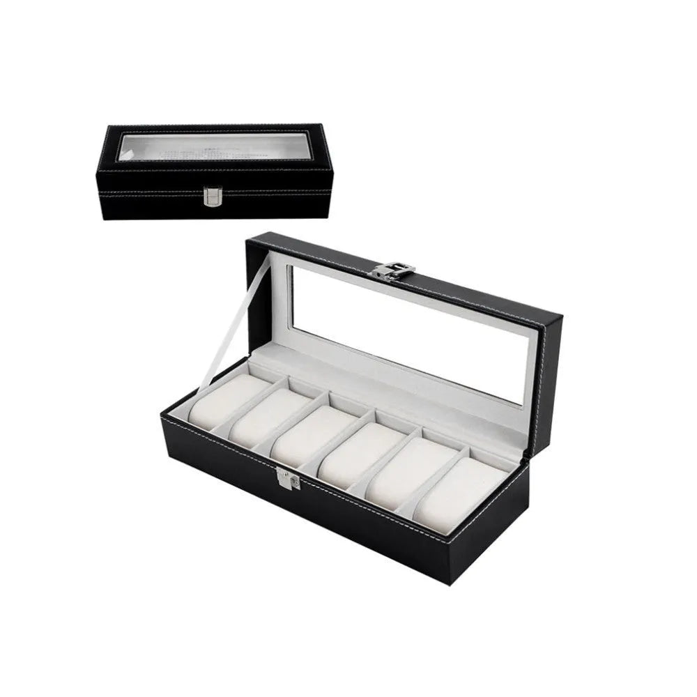 Black wooden watch jewellery box with six display windows for watch storage organisation