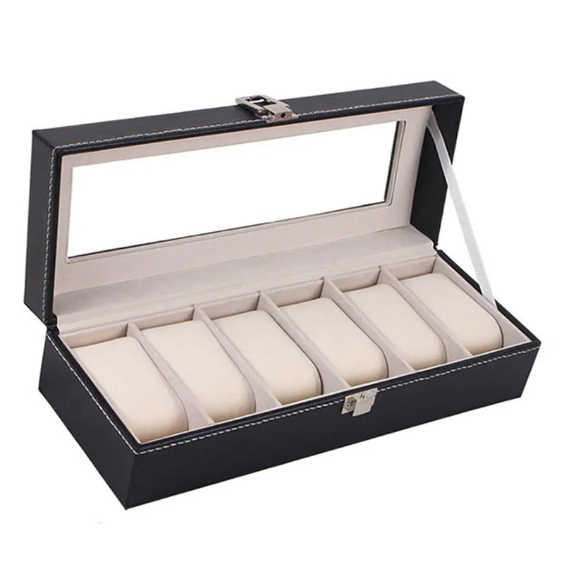 Black wooden watch jewellery box with six display windows for watch storage organisation