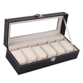Black wooden watch jewellery box with six display windows for watch storage organisation