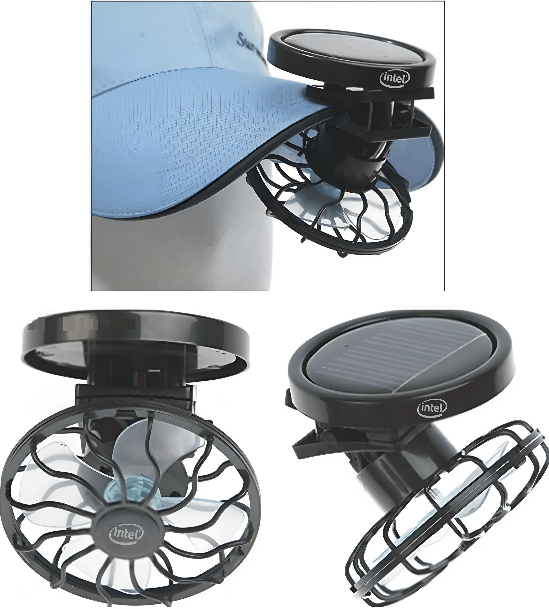 Black solar-powered clip-on cooling fan panel for outdoor activities with solar panel and fan blades