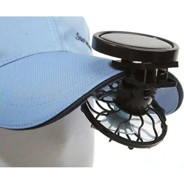 Black solar-powered clip-on cooling fan panel for outdoor activities with solar panel and fan blades