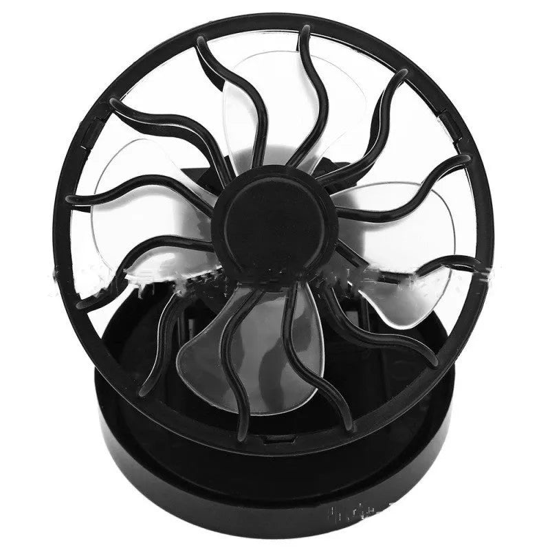 Black solar-powered clip-on cooling fan panel for outdoor activities with solar panel and fan blades