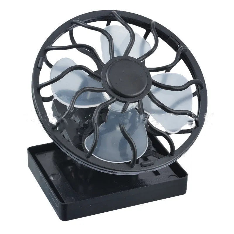 Black solar-powered clip-on cooling fan panel for outdoor activities with solar panel and fan blades