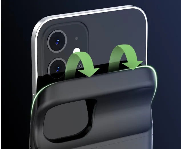 Black wireless back clip battery for iPhone 12 with TPU soft bag and plastic shell measuring 167x70x18mm