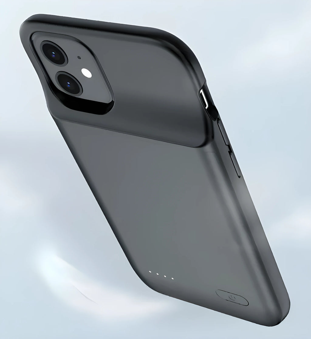 Black wireless back clip battery for iPhone 12 with TPU soft bag and plastic shell measuring 167x70x18mm