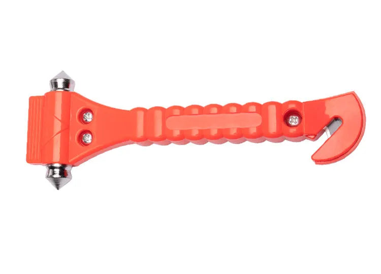 Red ABS carbon steel two-in-one car life hammer with window breaker tip and seatbelt cutter