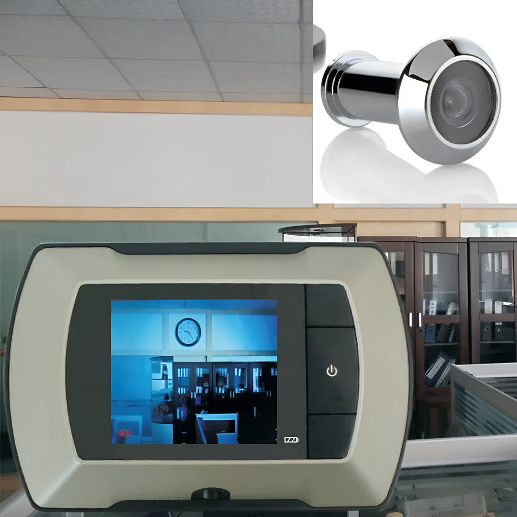 Wireless LCD digital door peephole monitor with indoor screen and outdoor camera unit.