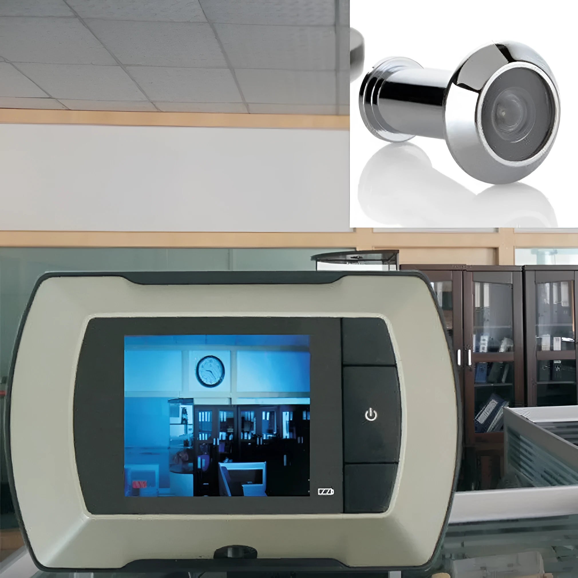 Wireless LCD digital door peephole monitor with indoor screen and outdoor camera unit.
