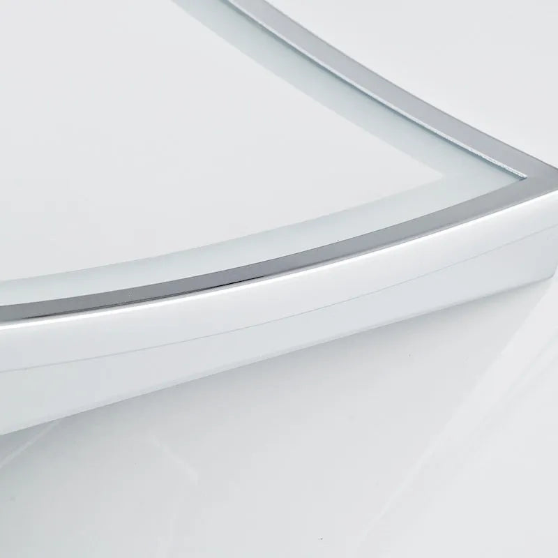 8.5 inch stainless steel folding makeup mirror on a table, shown in silver finish with adjustable angle.