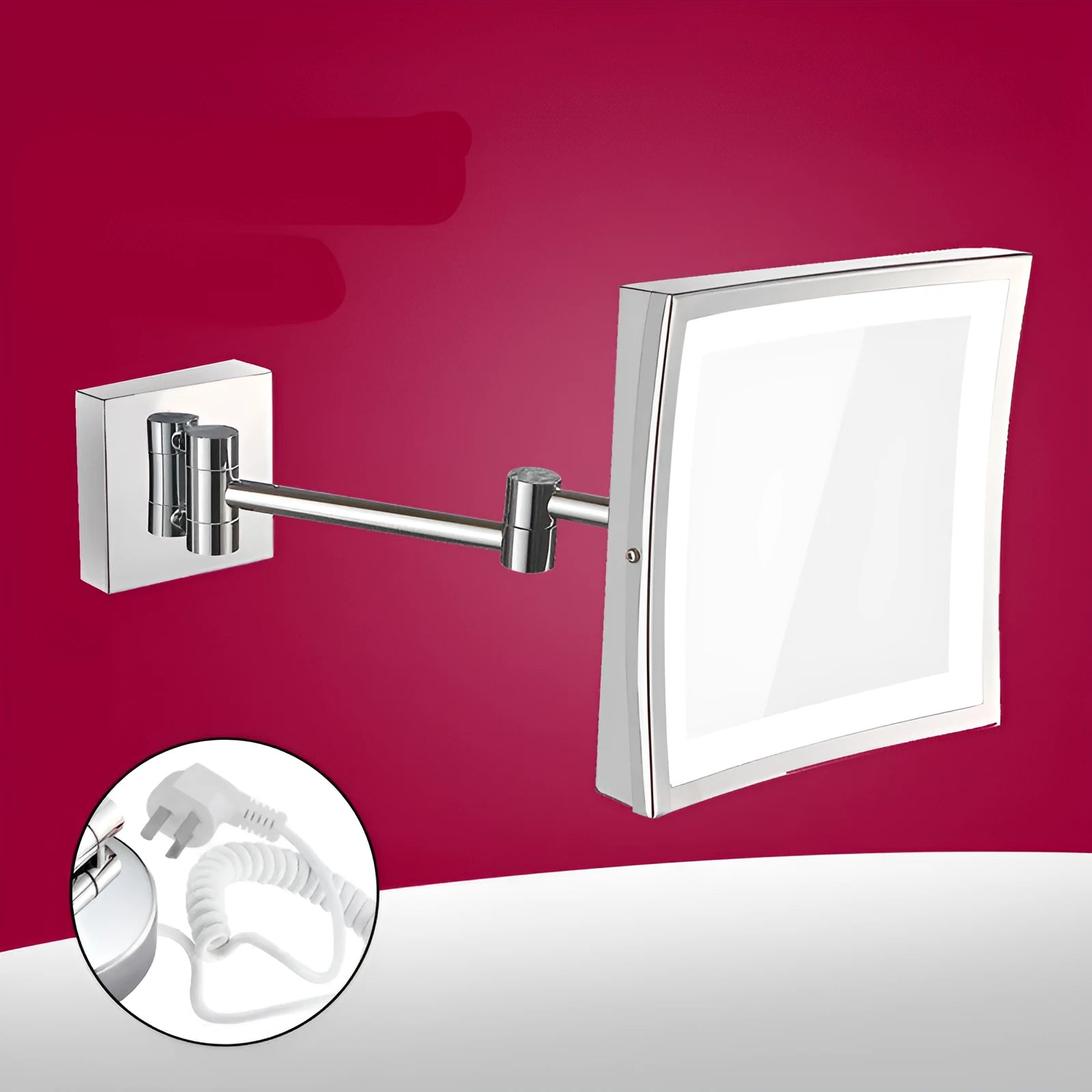 8.5 inch stainless steel folding makeup mirror on a table, shown in silver finish with adjustable angle.