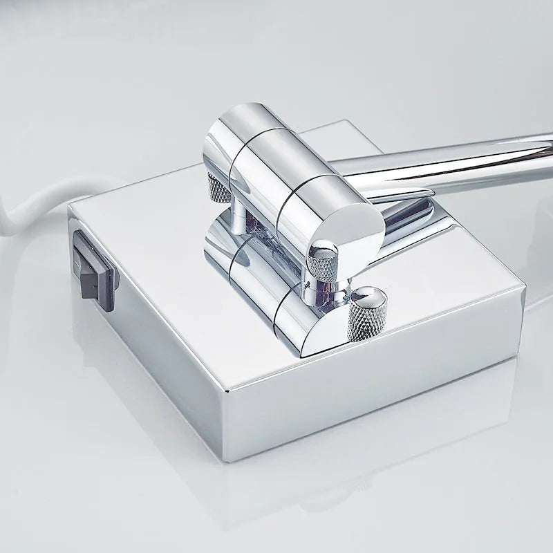 8.5 inch stainless steel folding makeup mirror on a table, shown in silver finish with adjustable angle.