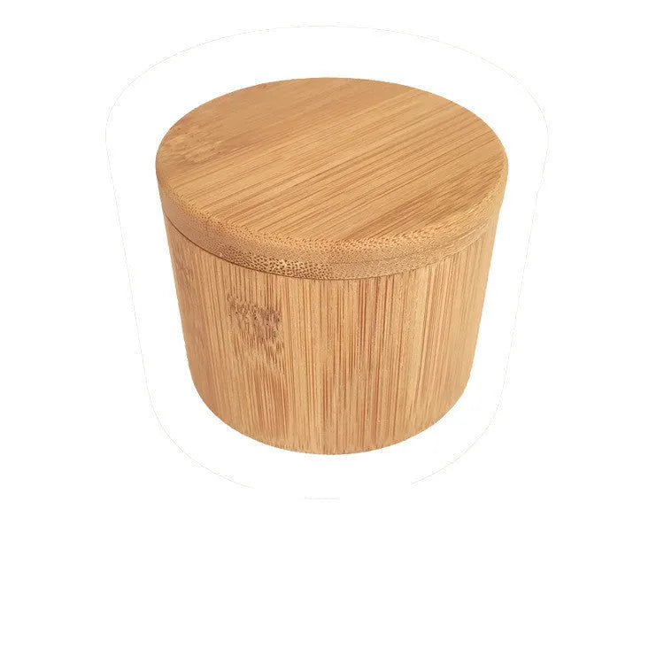 Bamboo seasoning box with choice of compartments and a 7.5cm bamboo spoon on a kitchen counter.
