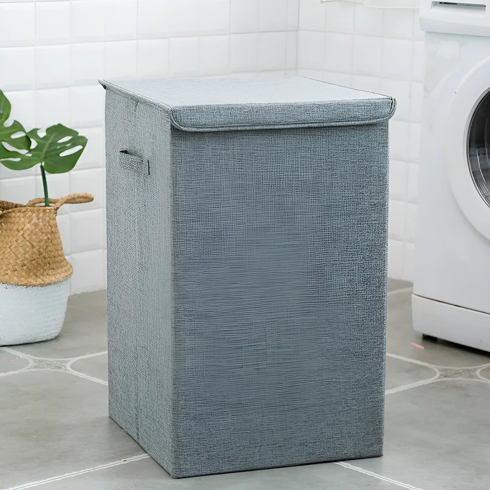 Washable fabric laundry sorting box with dual compartments in neutral colour