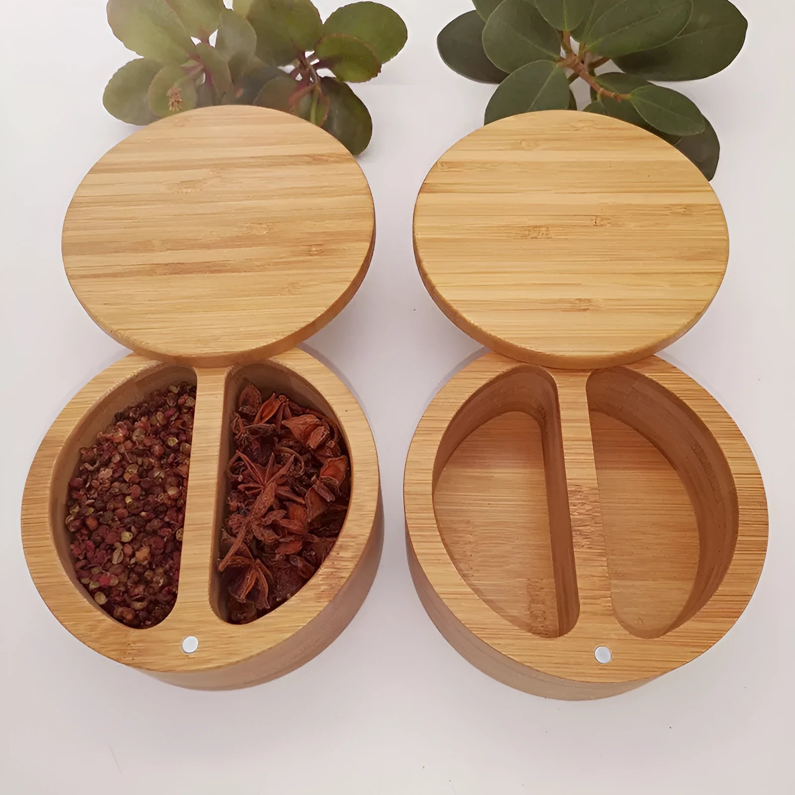 Bamboo seasoning box with choice of compartments and a 7.5cm bamboo spoon on a kitchen counter.