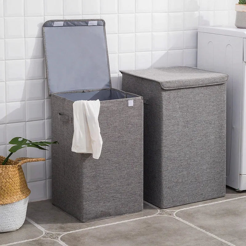 Washable fabric laundry sorting box with dual compartments in neutral colour