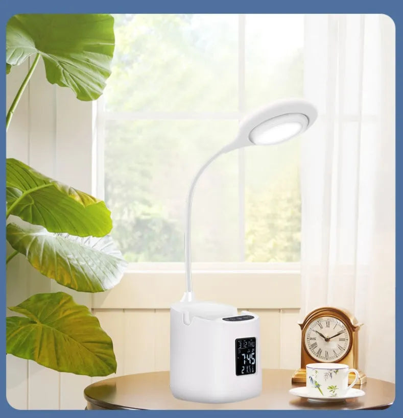 White USB-powered desk lamp with touch control for study desks