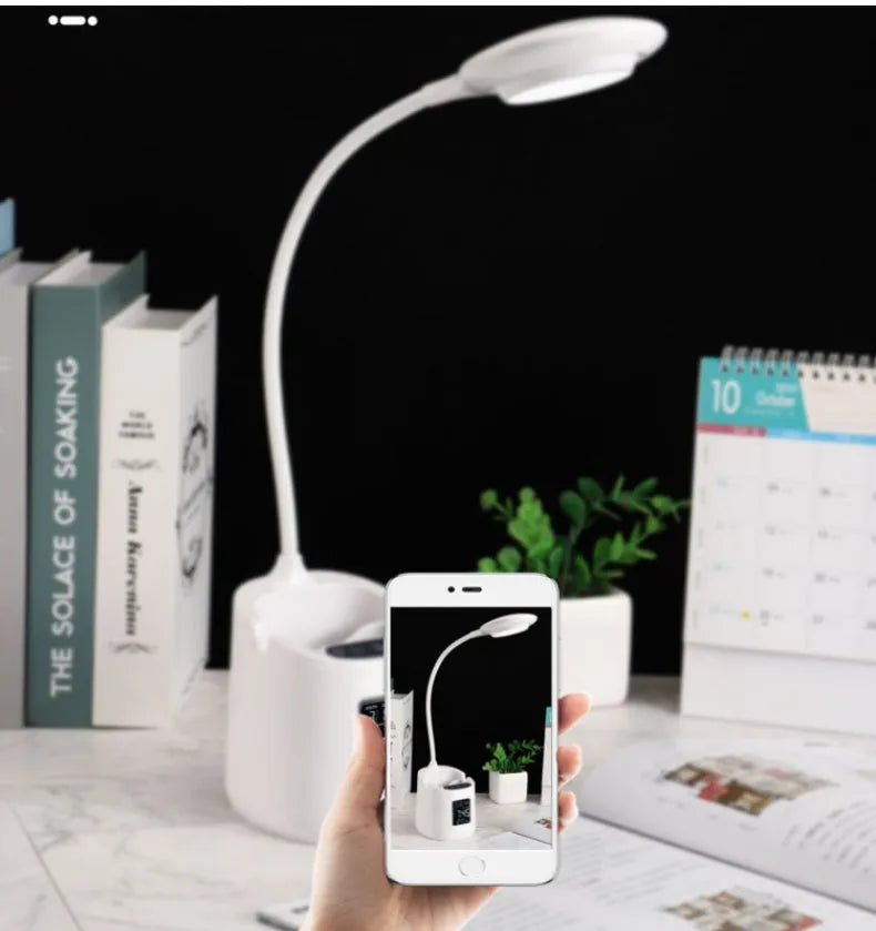 White USB-powered desk lamp with touch control for study desks