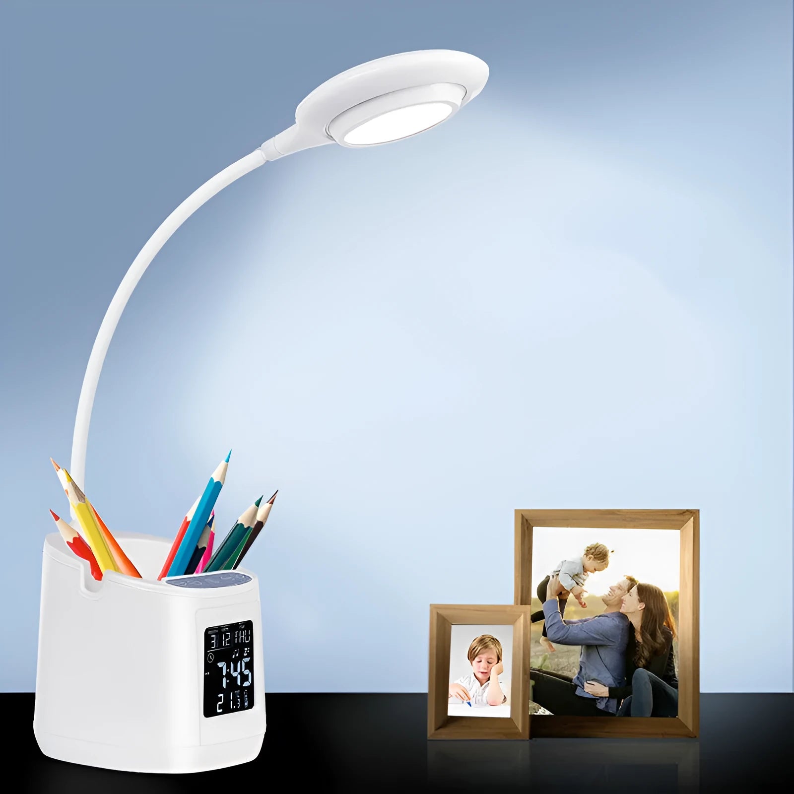 White USB-powered desk lamp with touch control for study desks