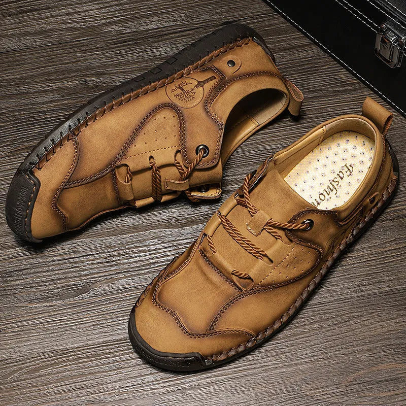Men's casual leather shoes with round toe and plain microfiber upper in black gold khaki colours