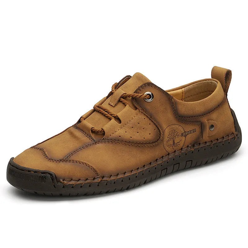 Men's casual leather shoes with round toe and plain microfiber upper in black gold khaki colours