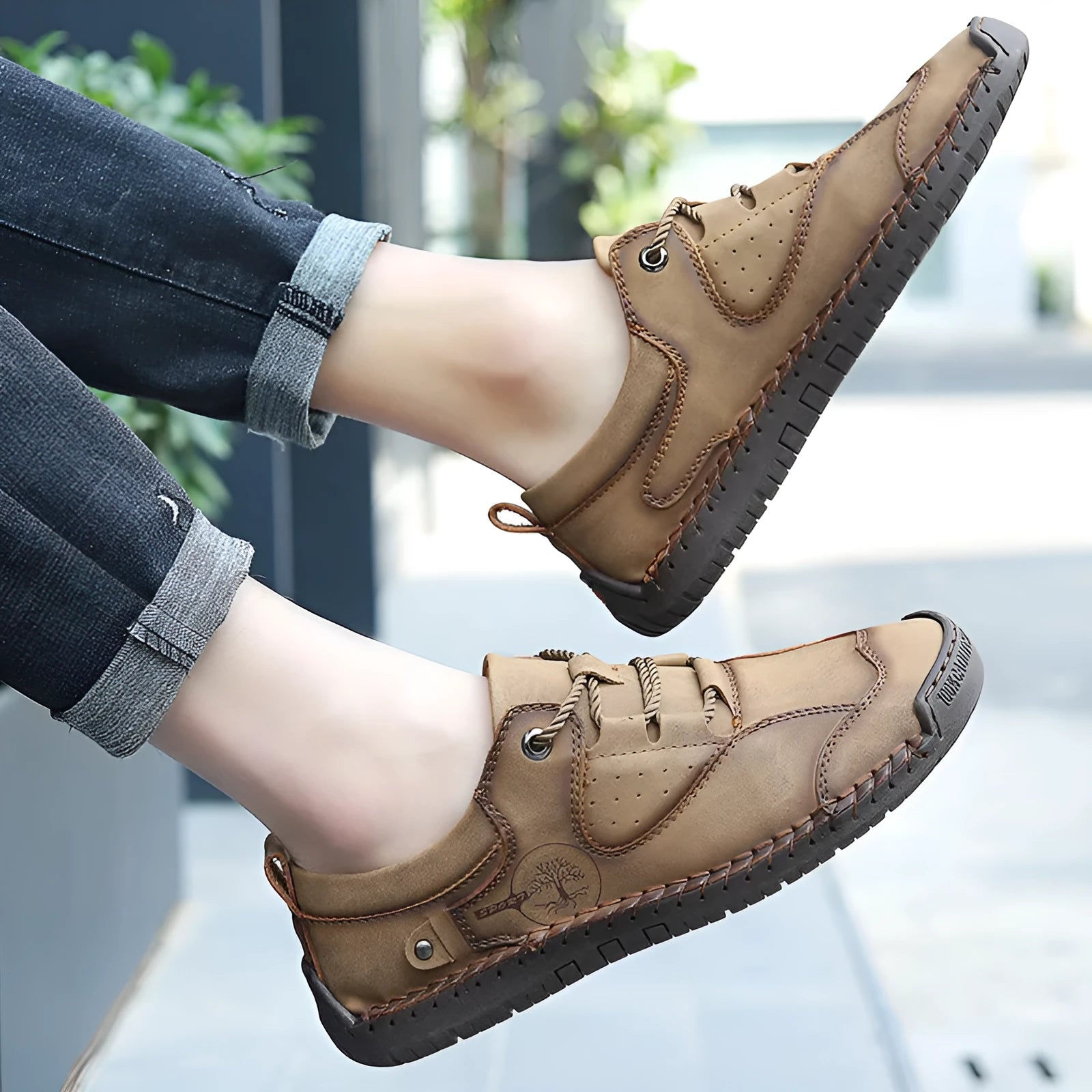 Men's casual leather shoes with round toe and plain microfiber upper in black gold khaki colours