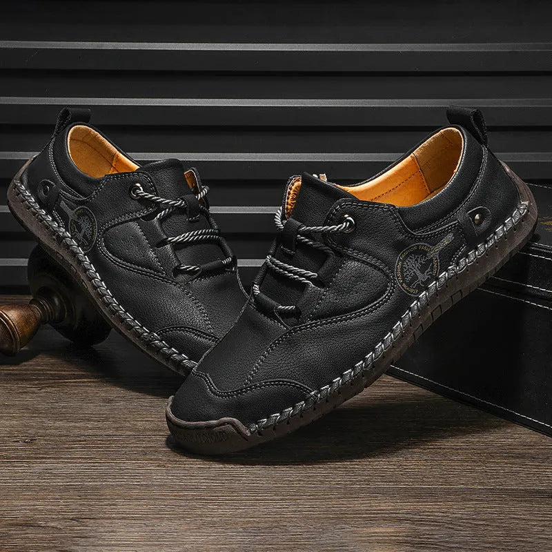 Men's casual leather shoes with round toe and plain microfiber upper in black gold khaki colours
