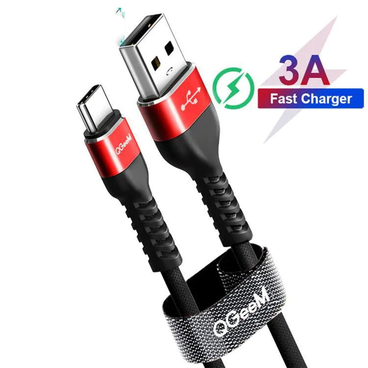 Black and red USB A to USB Type-C fast charging and data cable for Android phones.