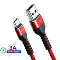 Black and red USB A to USB Type-C fast charging and data cable for Android phones.