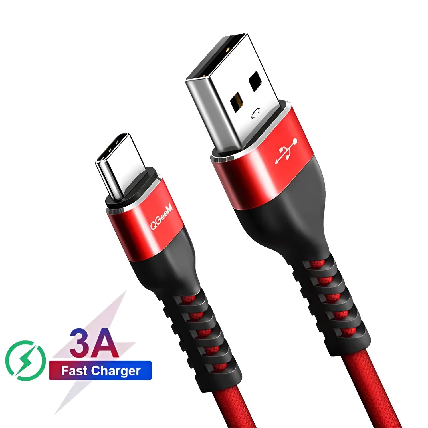Black and red USB A to USB Type-C fast charging and data cable for Android phones.