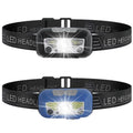 Black and blue outdoor LED headlight with adjustable strap, showing white and red LEDs and a micro-USB port.