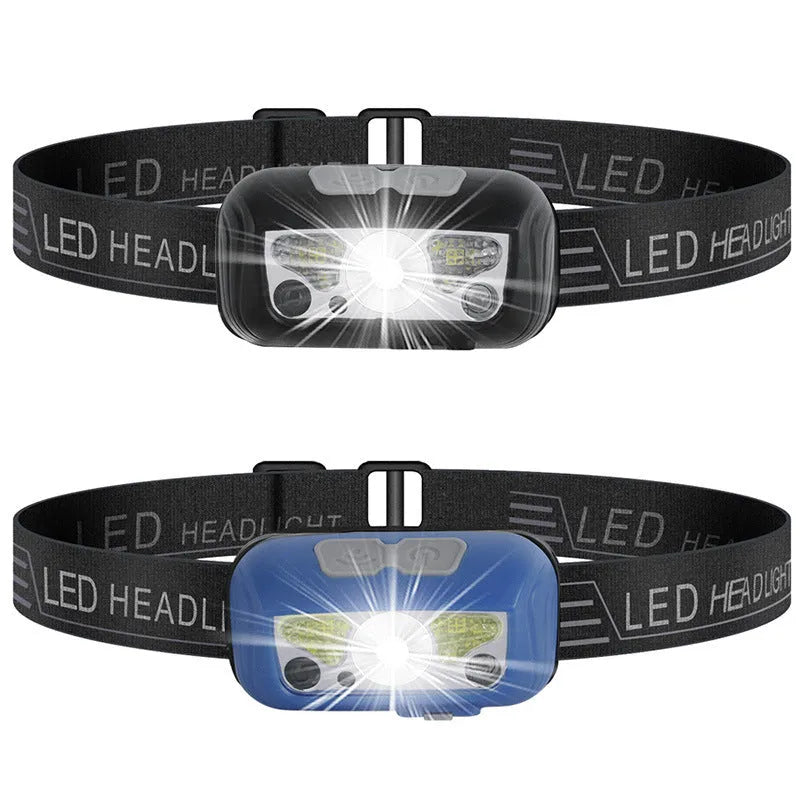 Black and blue outdoor LED headlight with adjustable strap, showing white and red LEDs and a micro-USB port.