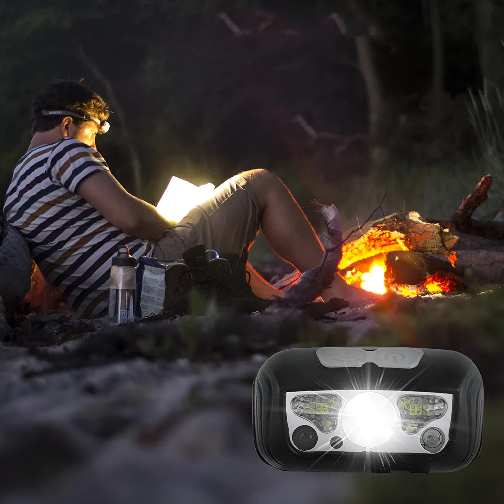 Black and blue outdoor LED headlight with adjustable strap, showing white and red LEDs and a micro-USB port.