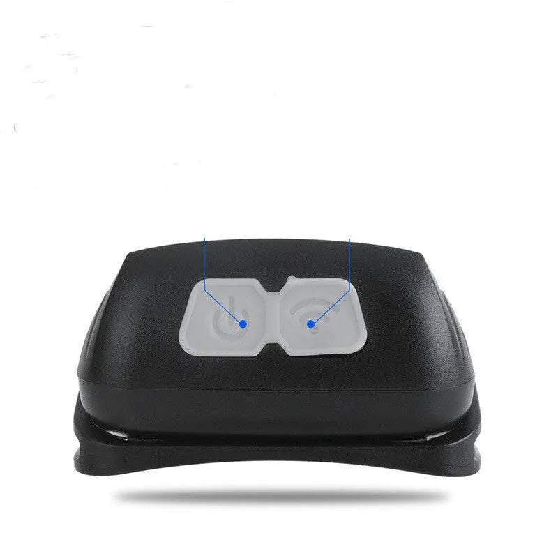 Black and blue outdoor LED headlight with adjustable strap, showing white and red LEDs and a micro-USB port.
