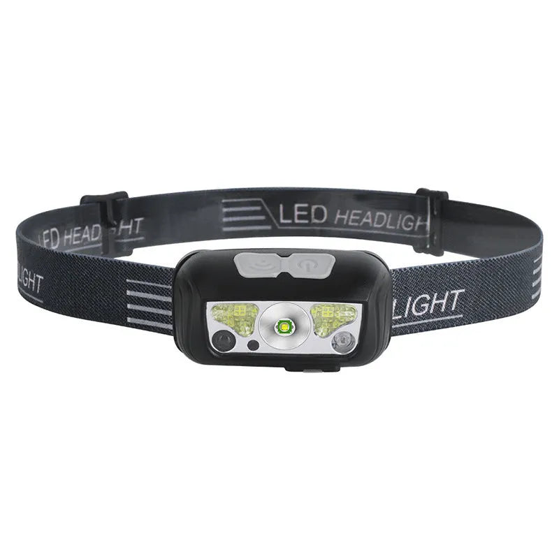 Black and blue outdoor LED headlight with adjustable strap, showing white and red LEDs and a micro-USB port.
