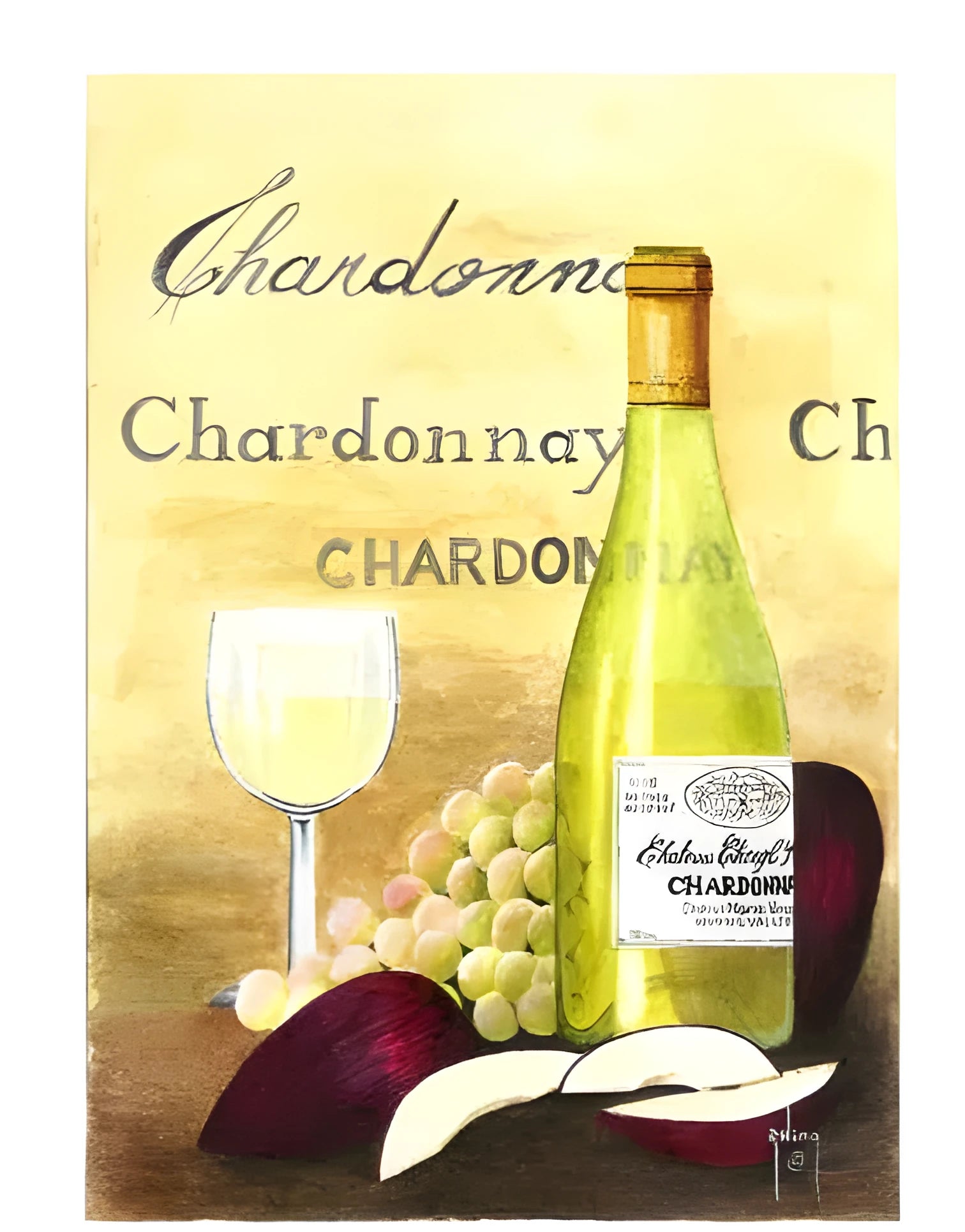 Apple and chardonnay DIY digital painting kit showing linen canvas, brushes, and paint tubes.