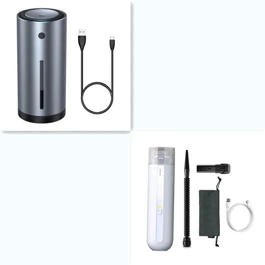 Black handheld wireless car vacuum cleaner with nozzle and blowing hose accessory