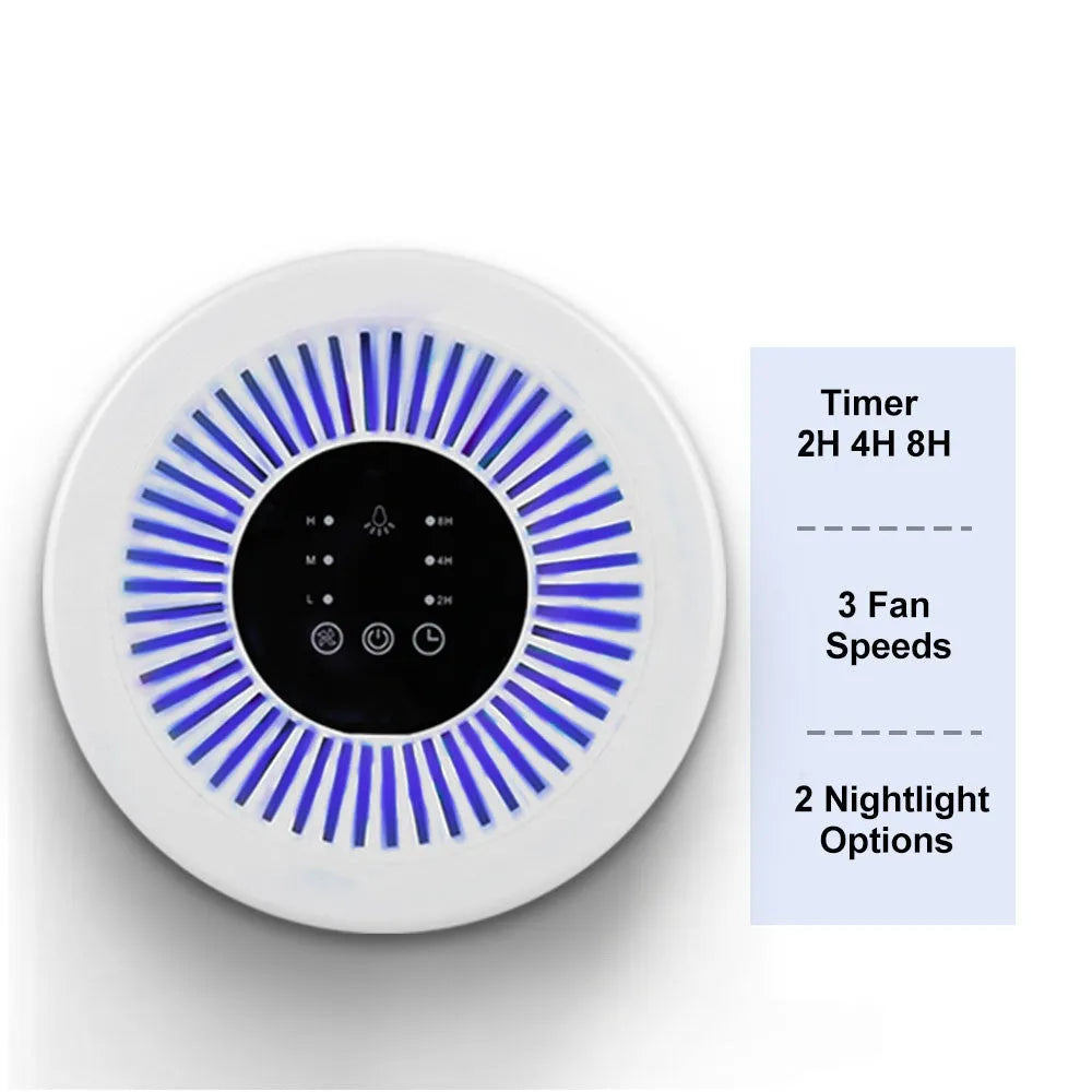 White household air purifier unit with HEPA filter for medium-sized rooms.