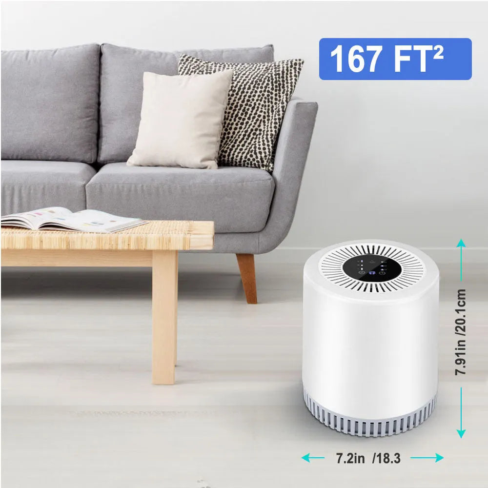 White household air purifier unit with HEPA filter for medium-sized rooms.