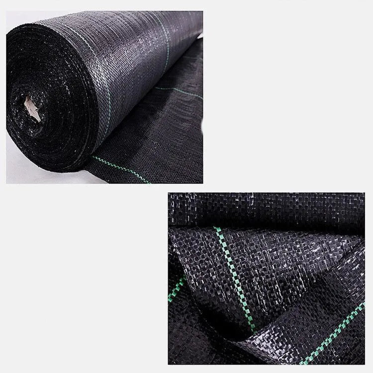 Black composite woven polyethylene weed-proof cloth roll for agricultural greenhouse use.